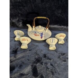 Vintage Gekkeikan Sake Set Porcelain Teapot & 4 Stemmed Cups Geisha Japan